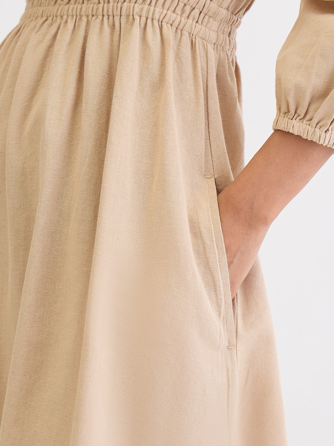 Beige Cotton Linen Slit Detail Maxi Dress