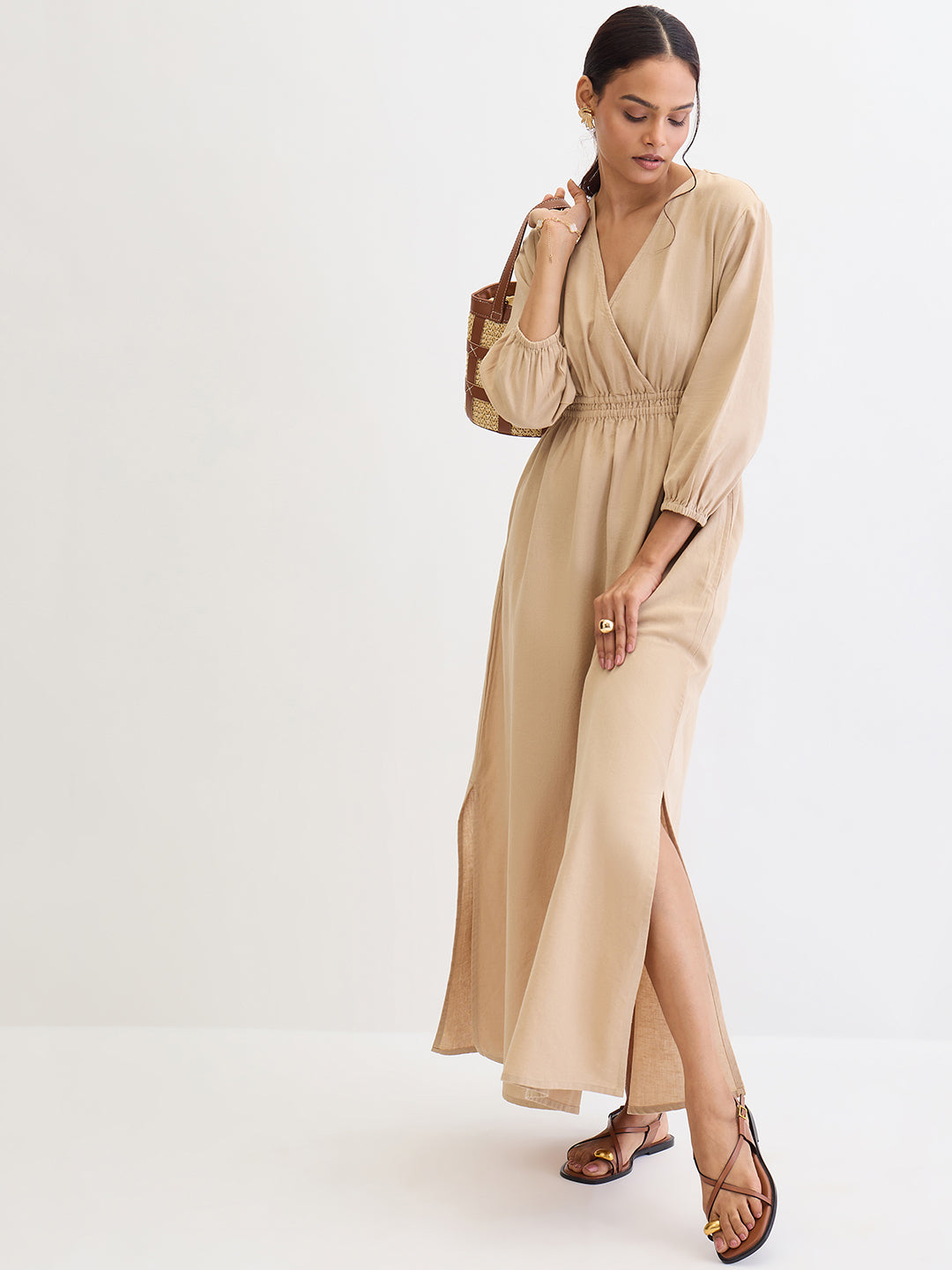 Beige Cotton Linen Slit Detail Maxi Dress