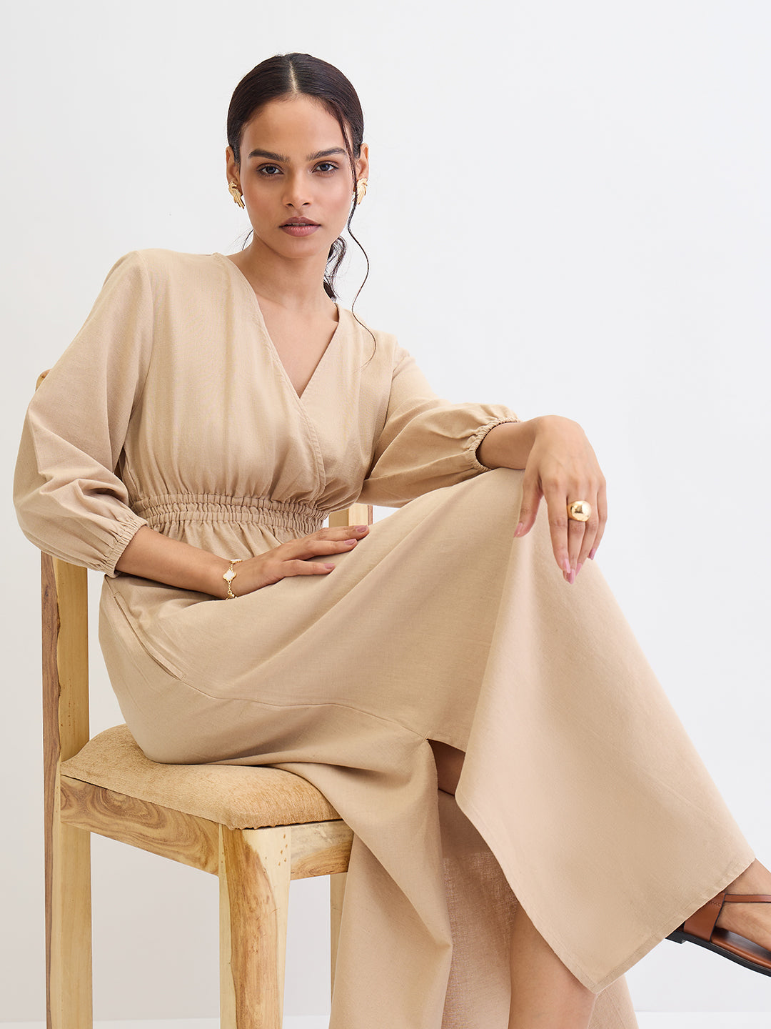 Beige Cotton Linen Slit Detail Maxi Dress