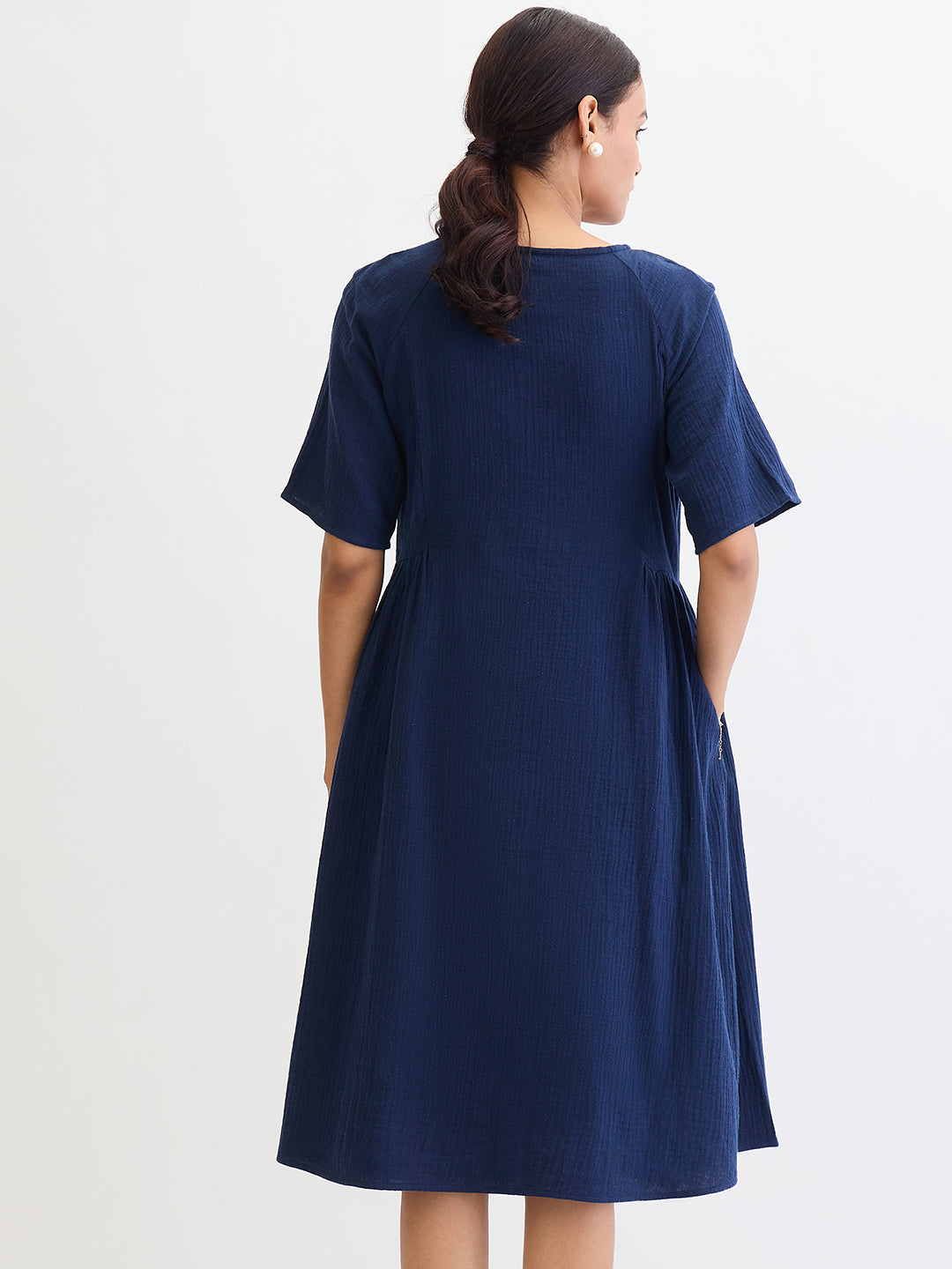 Cotton Gauze Midnight Blue Side Gathers Detail Midi Dress