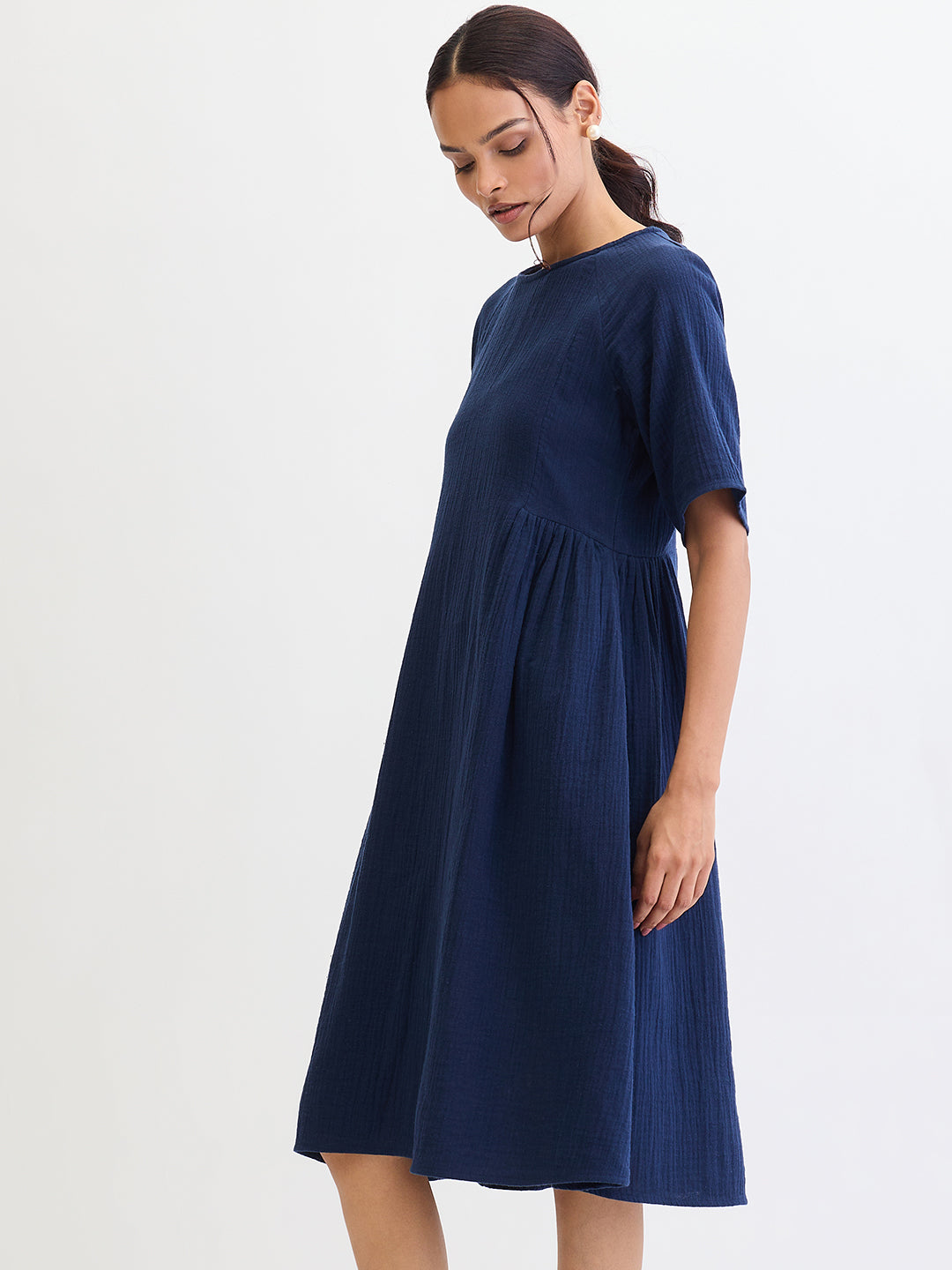 Cotton Gauze Midnight Blue Side Gathers Detail Midi Dress