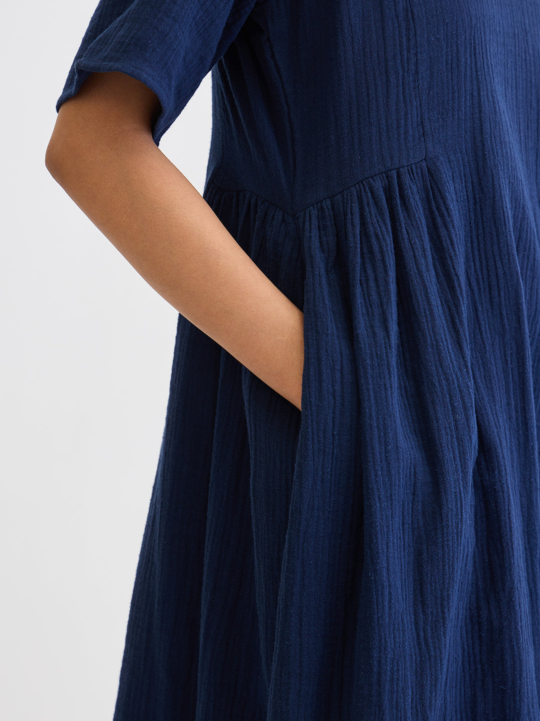 Cotton Gauze Midnight Blue Side Gathers Detail Midi Dress