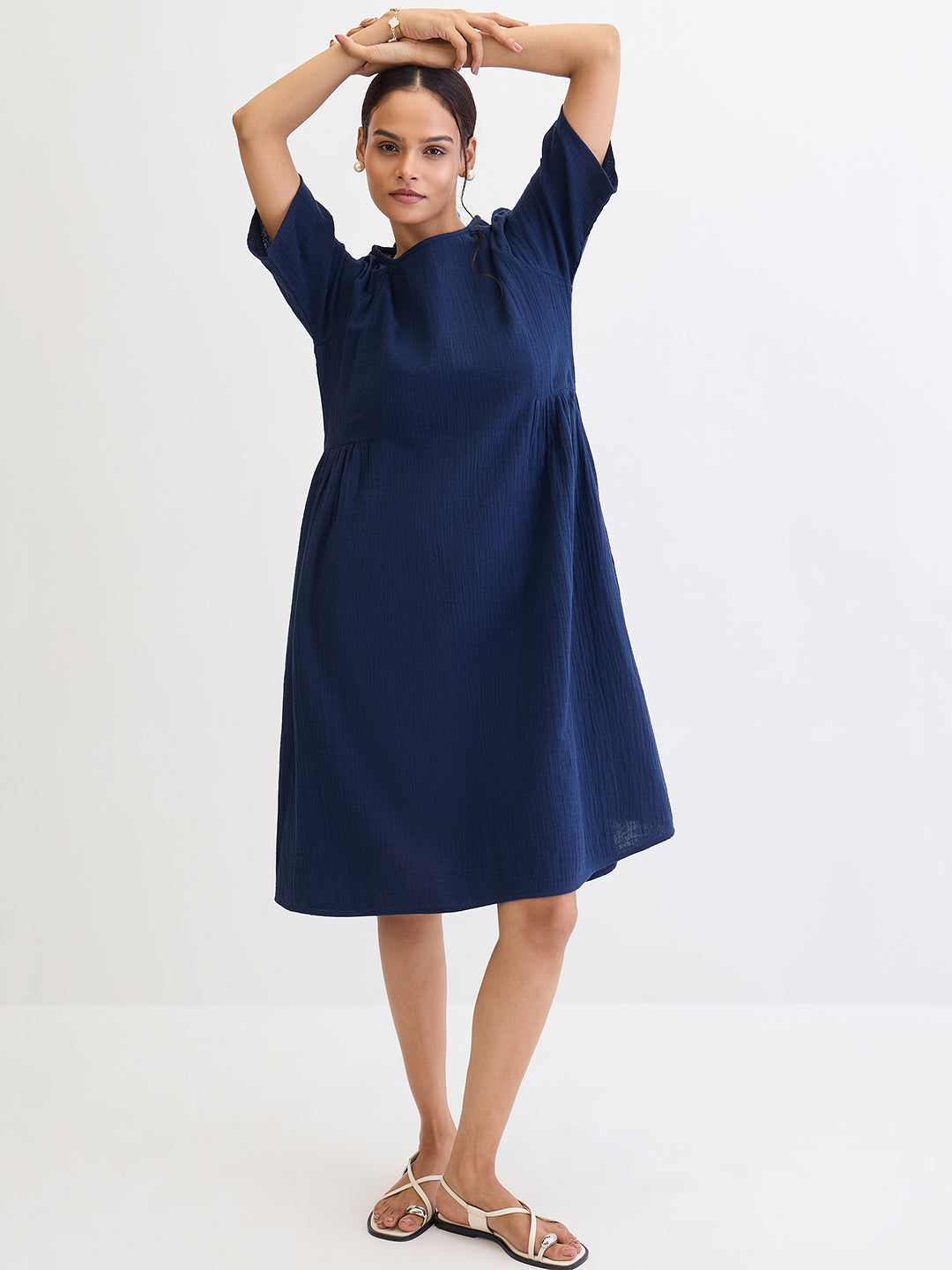 Cotton Gauze Midnight Blue Side Gathers Detail Midi Dress