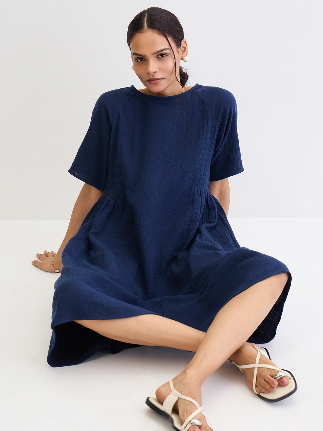 Cotton Gauze Midnight Blue Side Gathers Detail Midi Dress