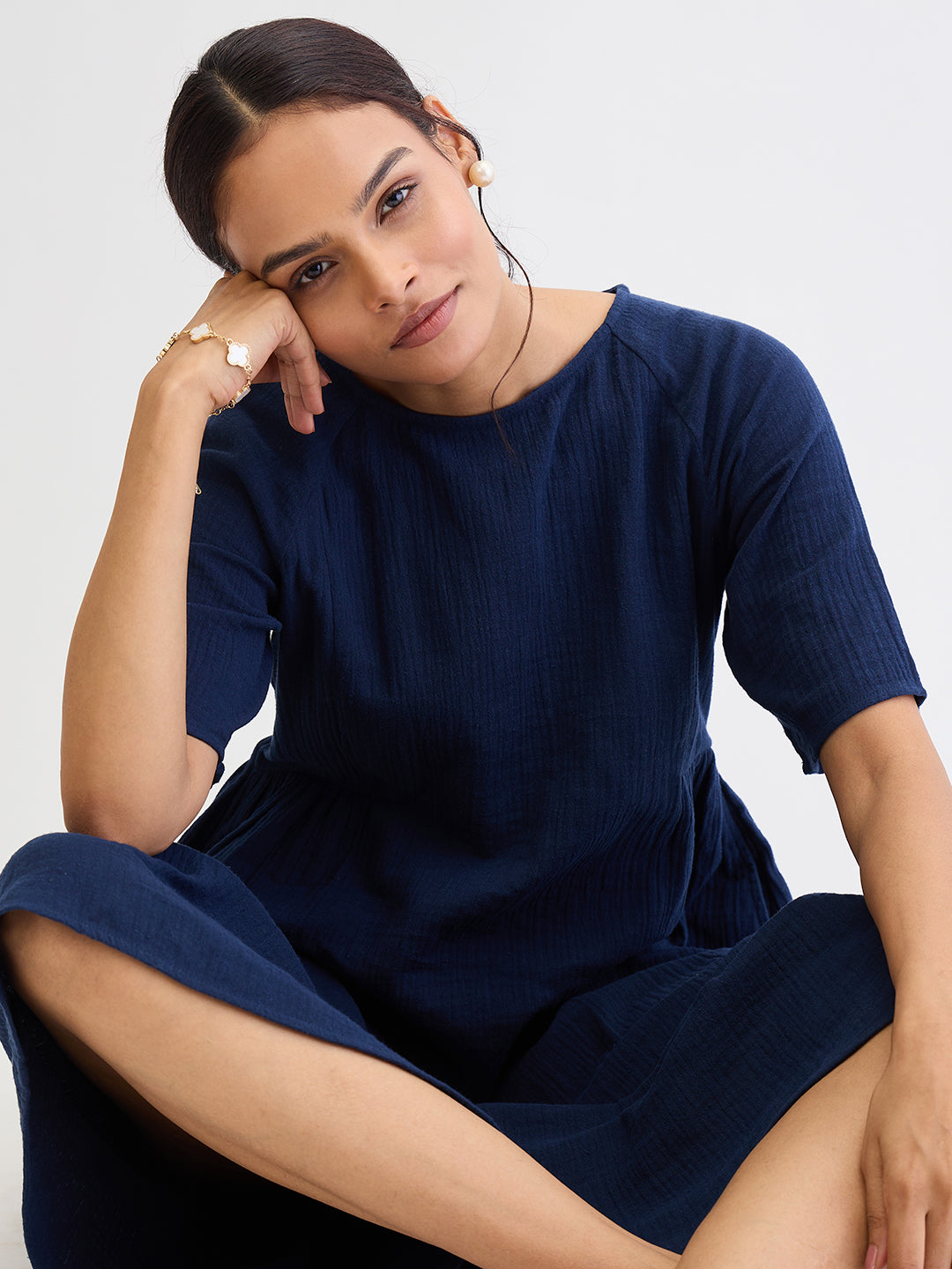 Cotton Gauze Midnight Blue Side Gathers Detail Midi Dress