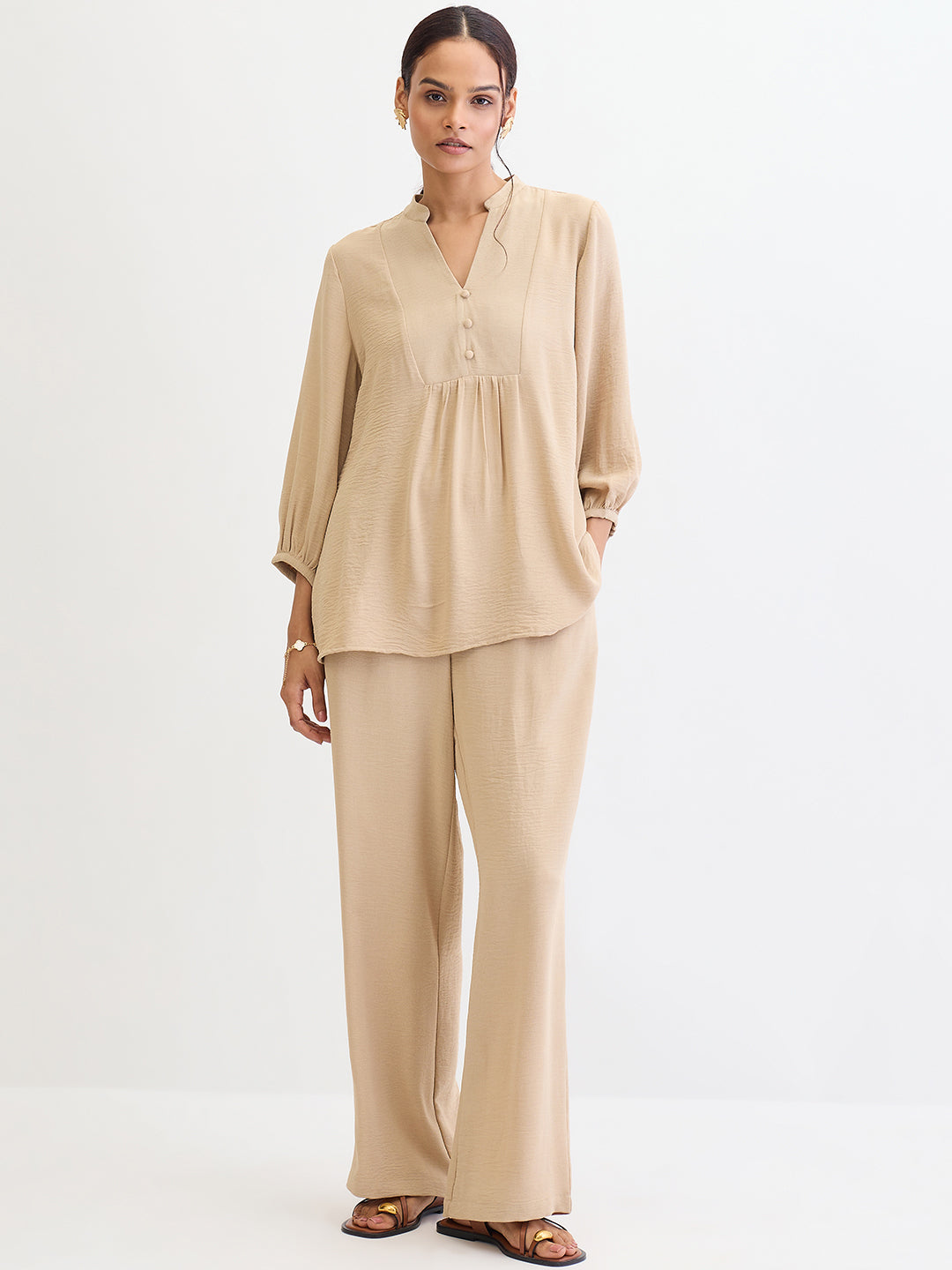 Beige Button Detail Co-Ord Set