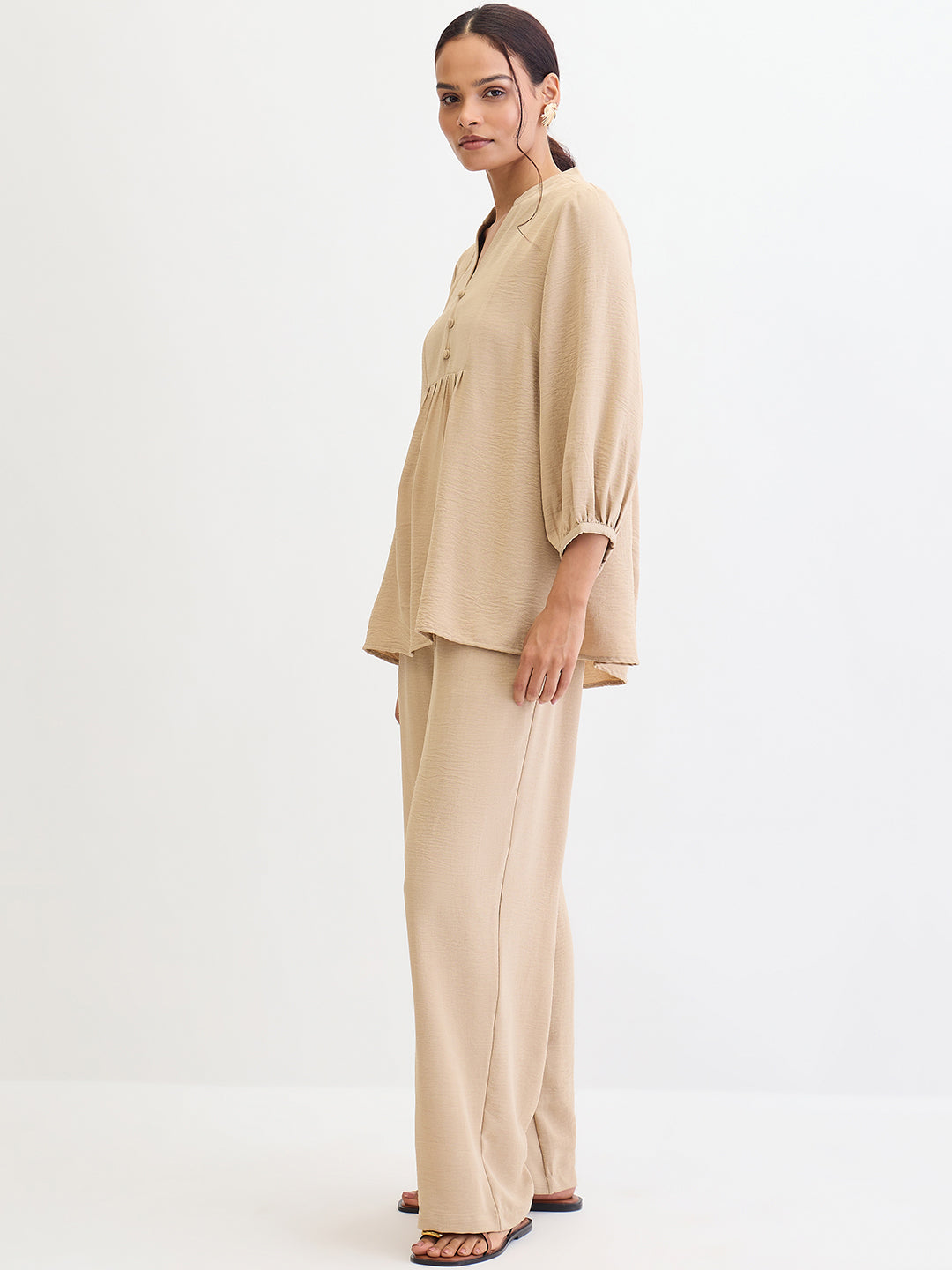 Beige Button Detail Co-Ord Set