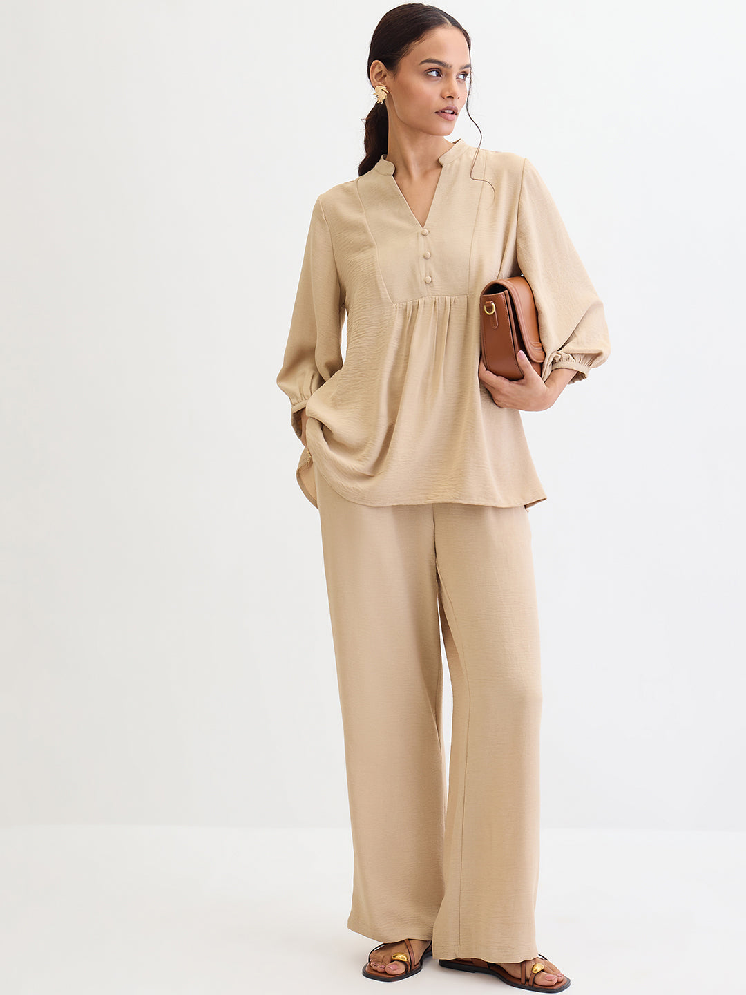 Beige Button Detail Co-Ord Set