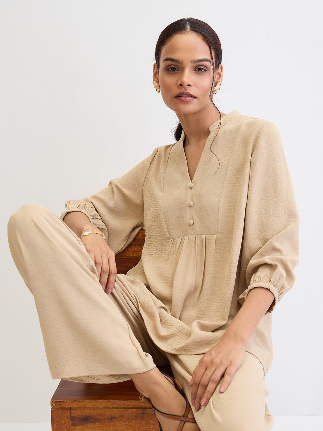 Beige Button Detail Co-Ord Set