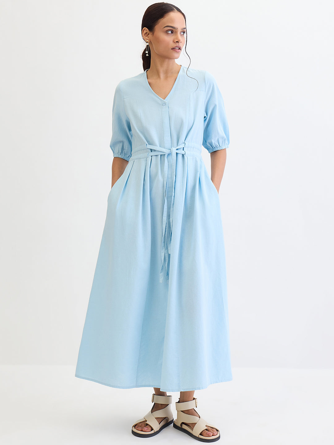 Light Blue Cotton Linen Maxi Dress