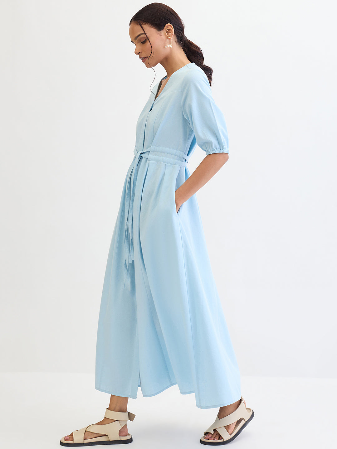 Light Blue Cotton Linen Maxi Dress