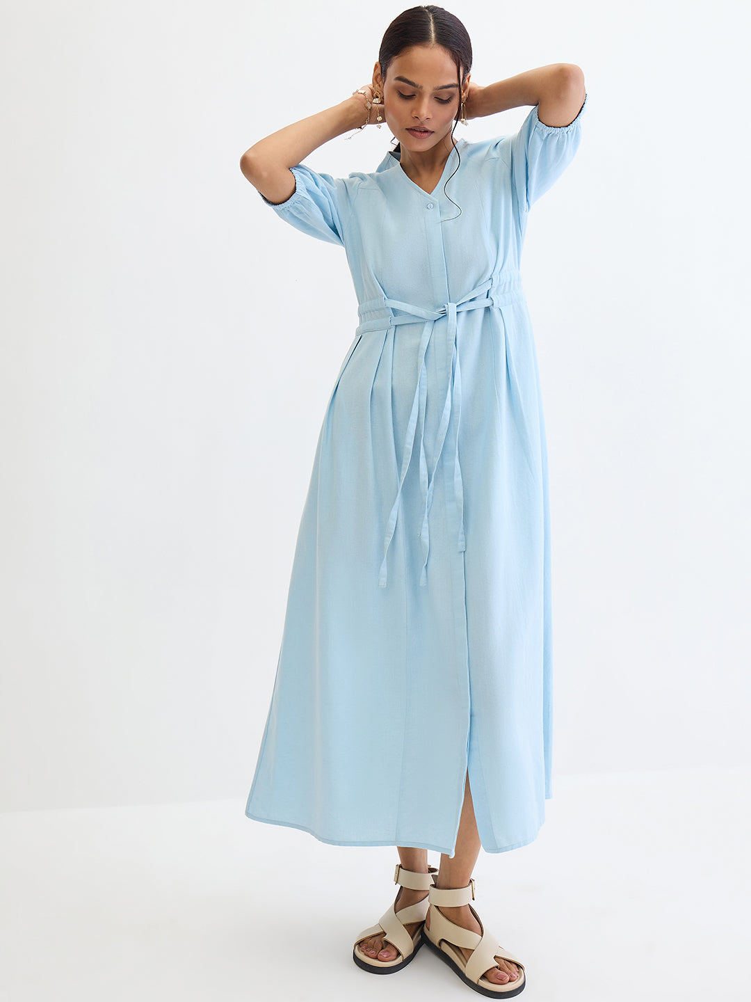 Light Blue Cotton Linen Maxi Dress