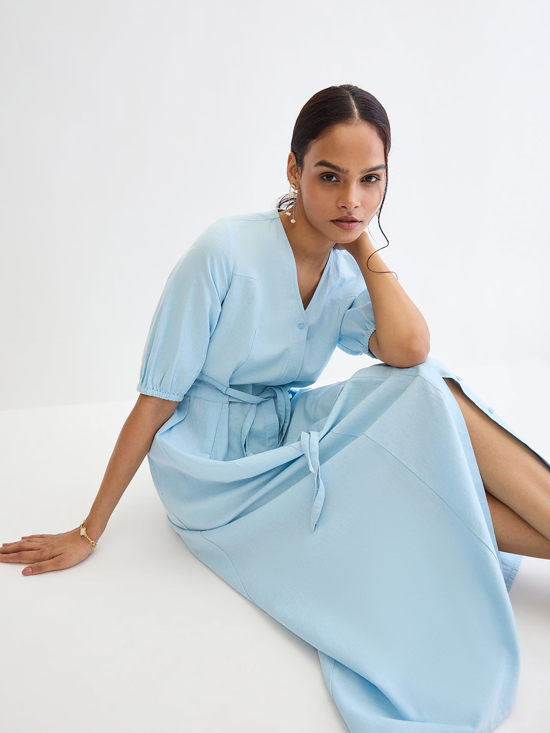 Light Blue Cotton Linen Maxi Dress