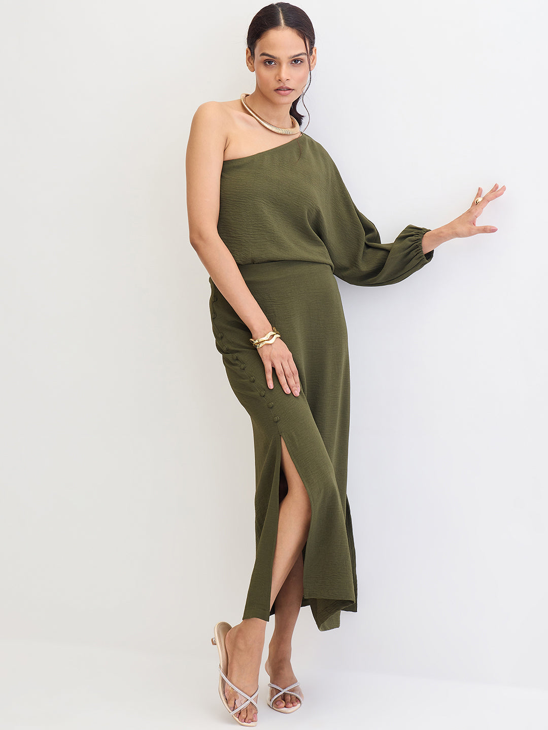 Olive One Shoulder Skirt Co-Ord
