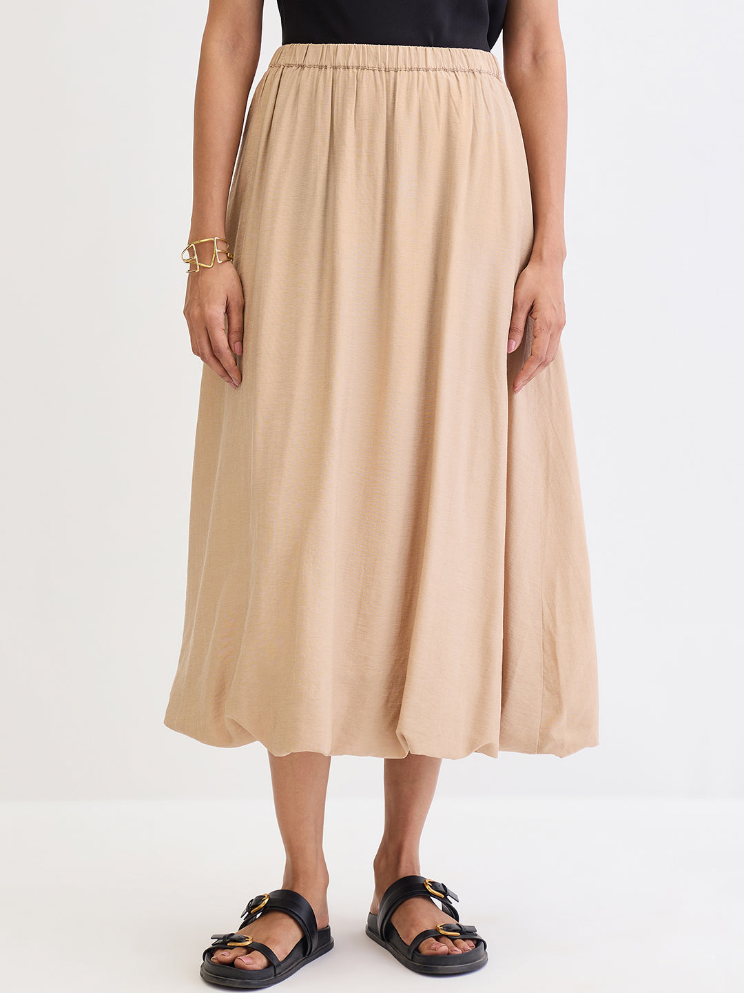 Beige Bubble Hem Midi Skirt