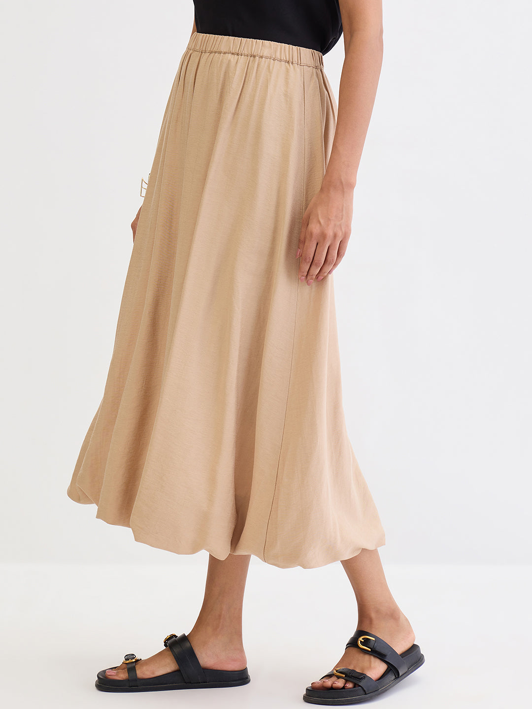 Beige Bubble Hem Midi Skirt