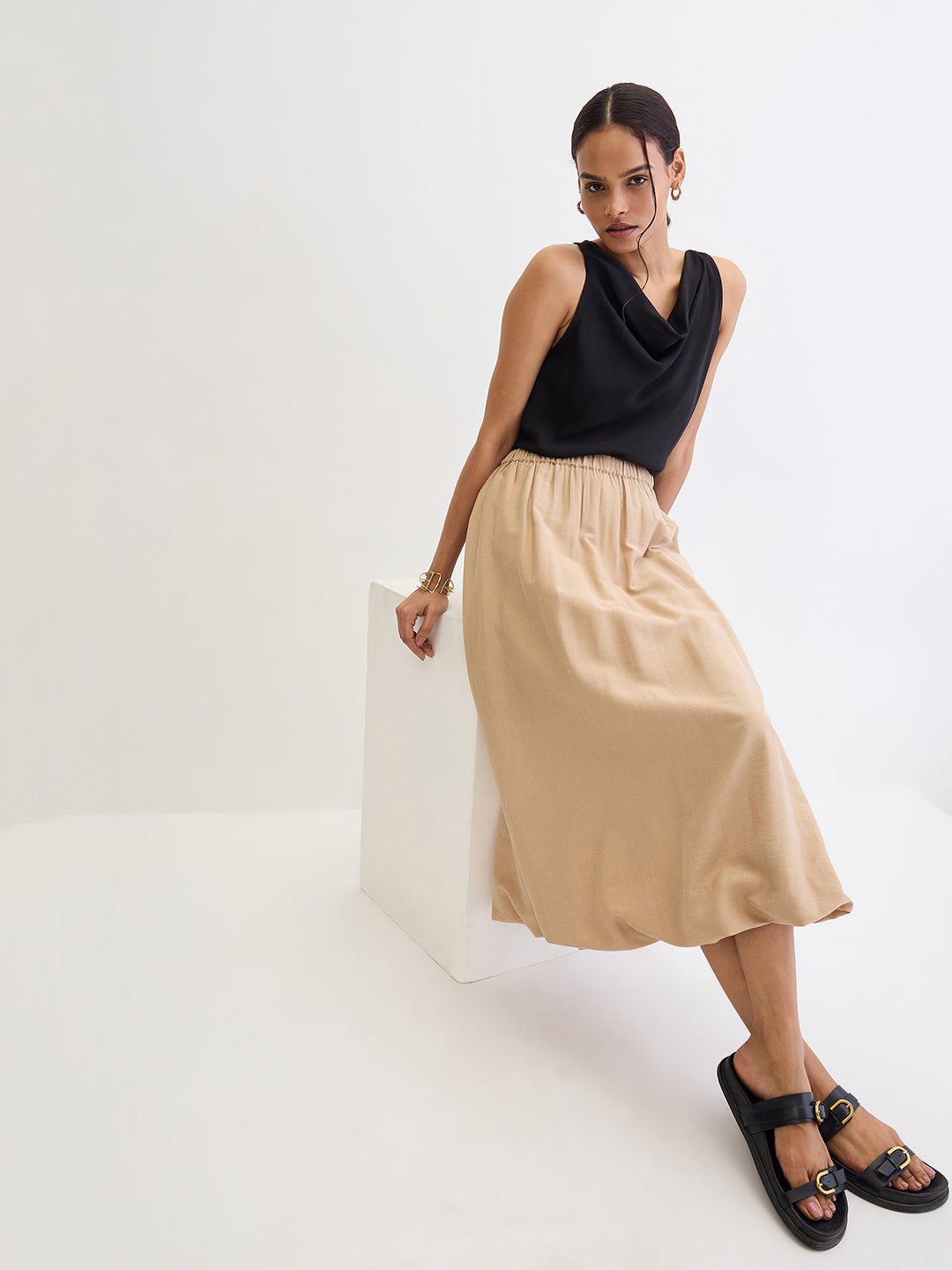 Beige Bubble Hem Midi Skirt