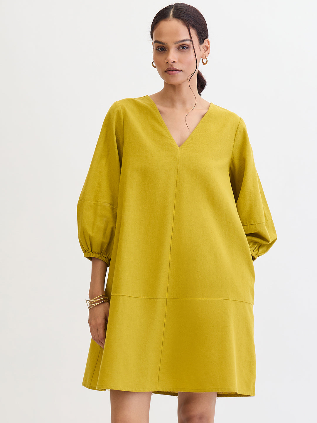 Citrine Green Cotton Linen Mini Dress