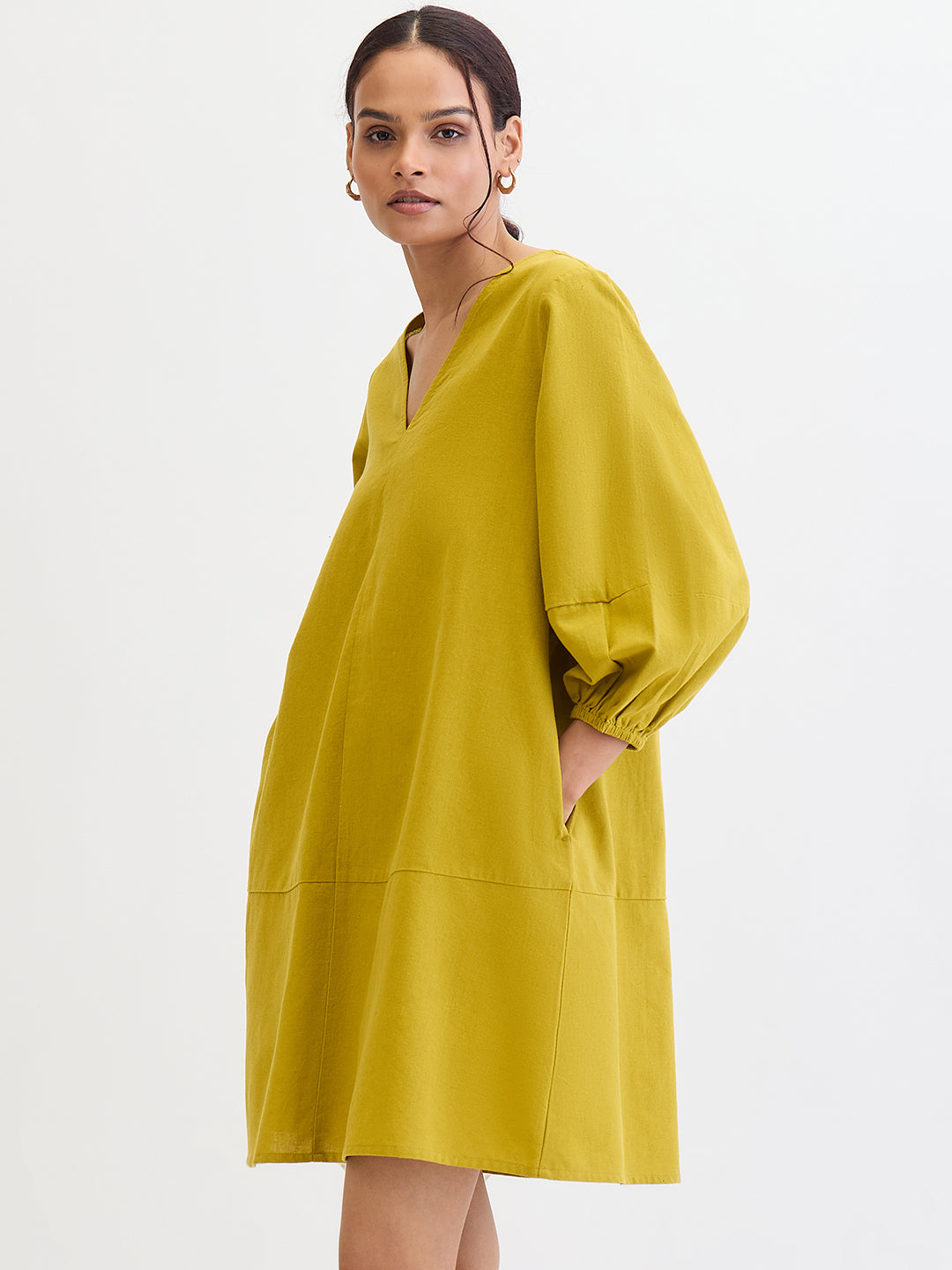 Citrine Green Cotton Linen Mini Dress