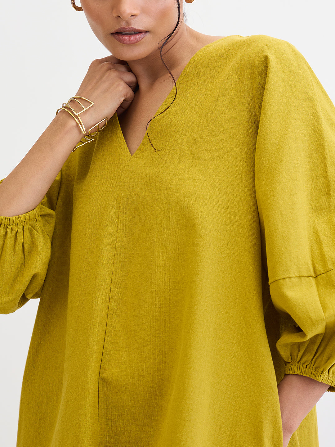 Citrine Green Cotton Linen Mini Dress