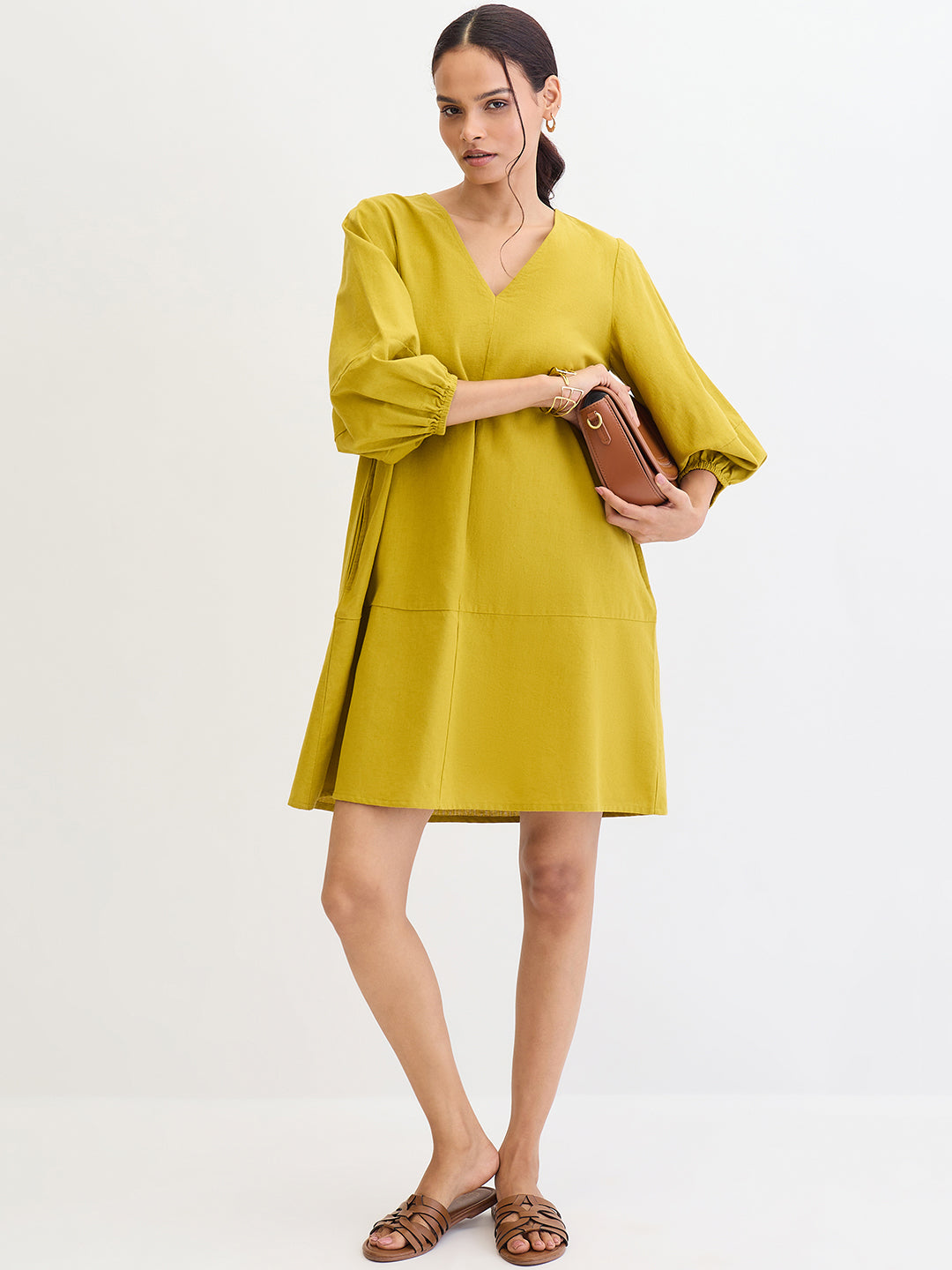 Citrine Green Cotton Linen Mini Dress