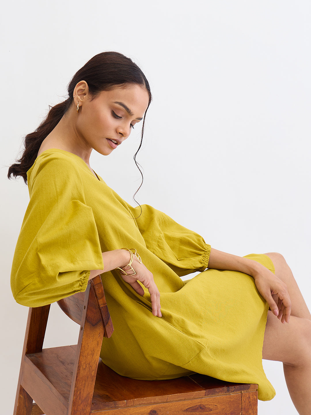 Citrine Green Cotton Linen Mini Dress