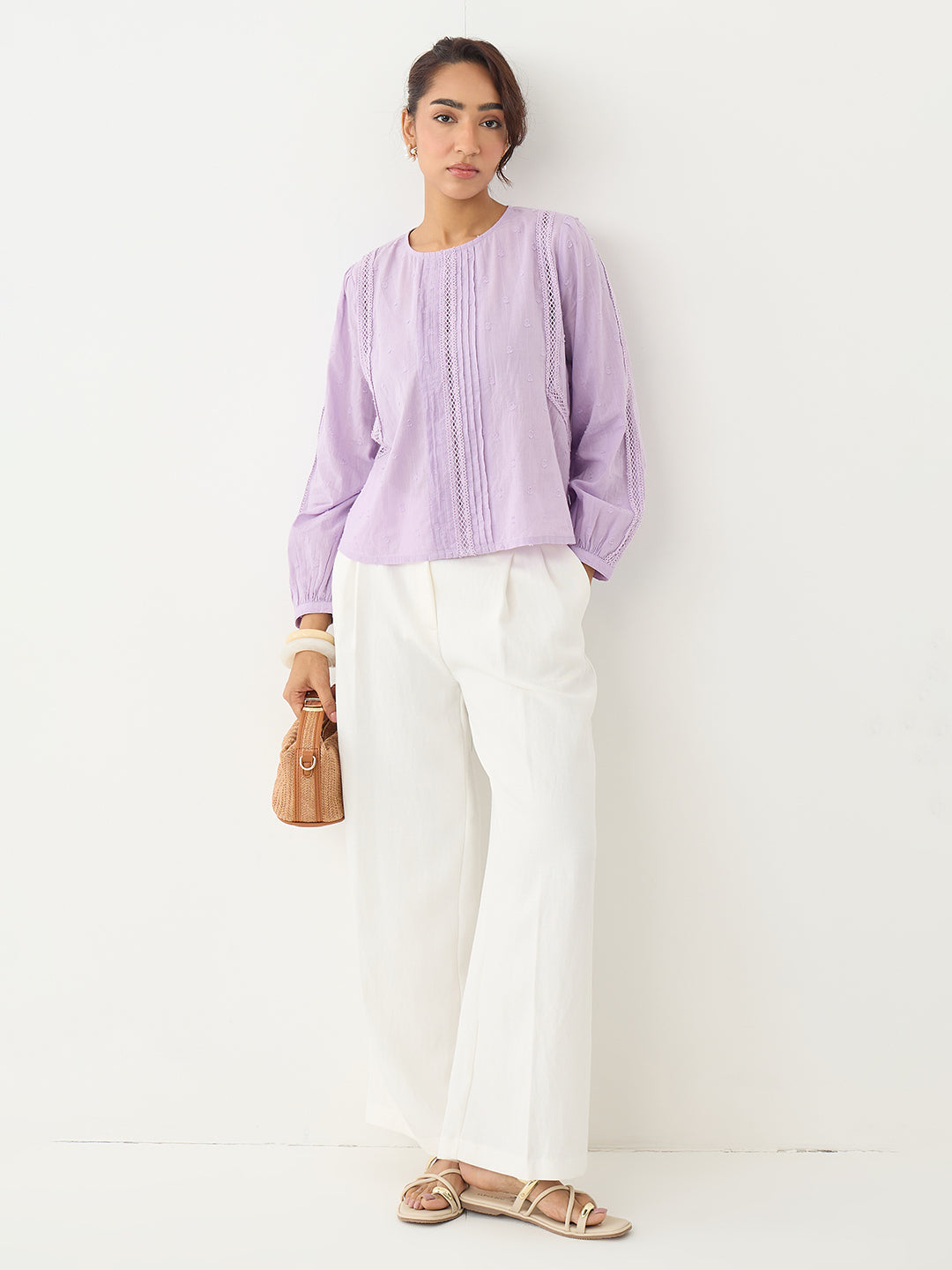 Sage Lace Insert Pleated Front Top