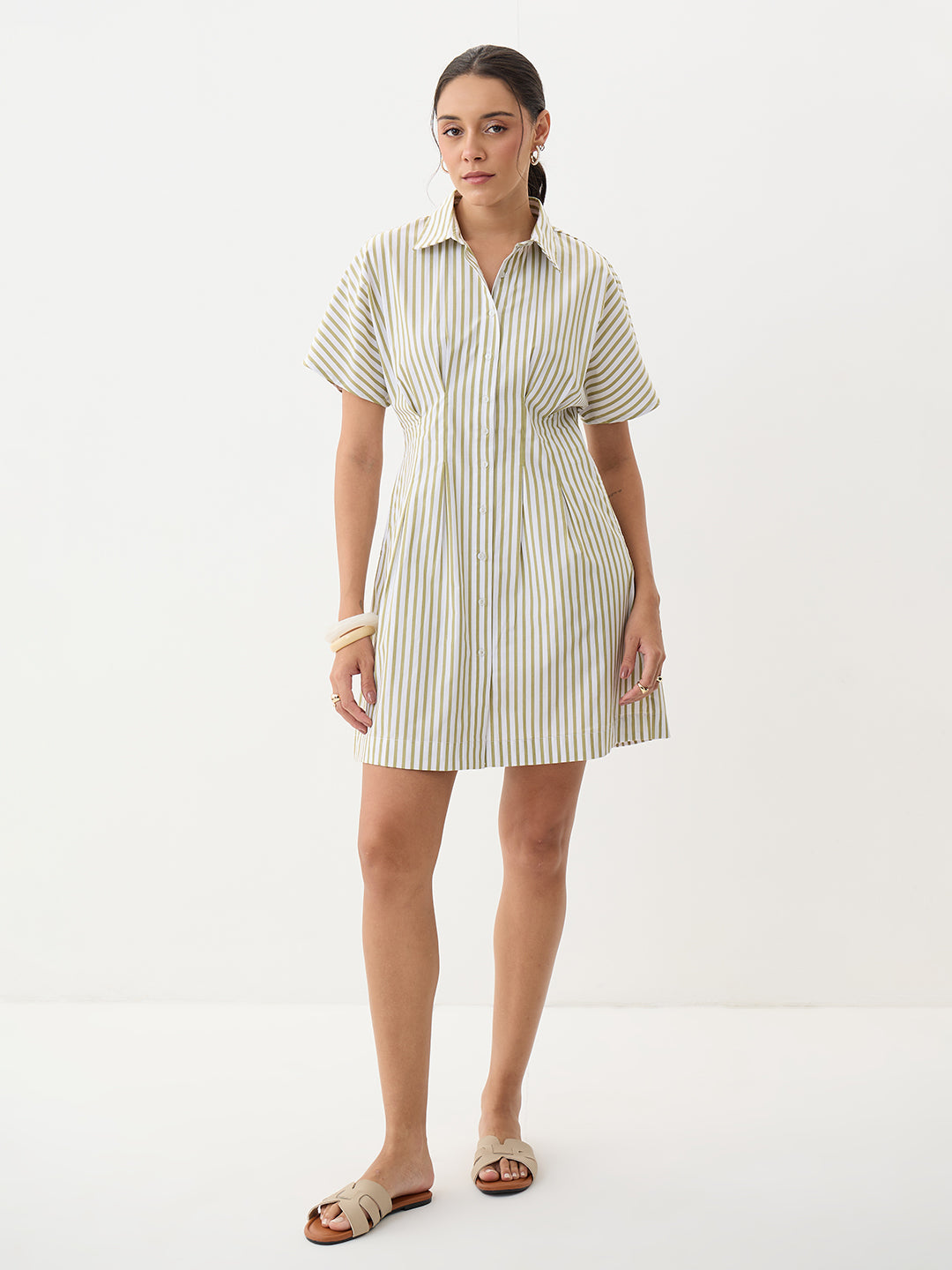 Olive Stripe Pleated Mini Dress