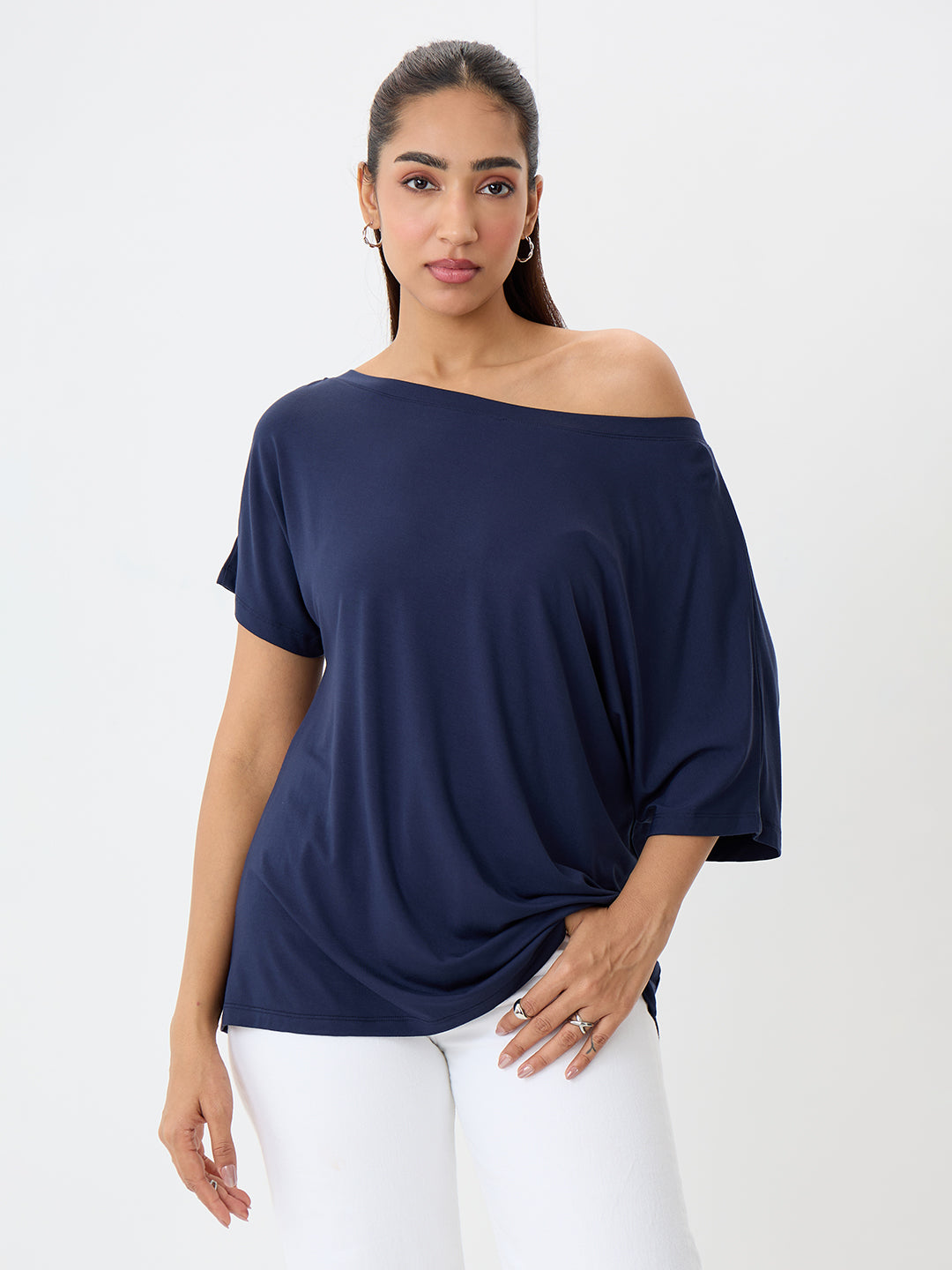 Bamboo Navy One Shoulder Longline Top