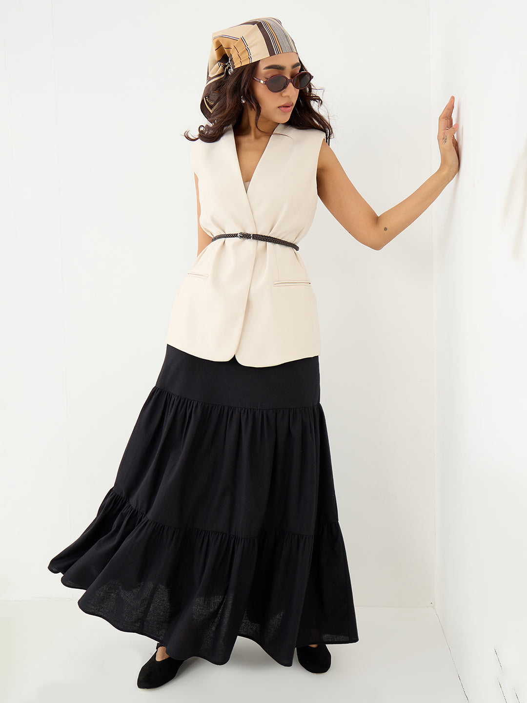 LinenLite Black Tiered Maxi Skirt
