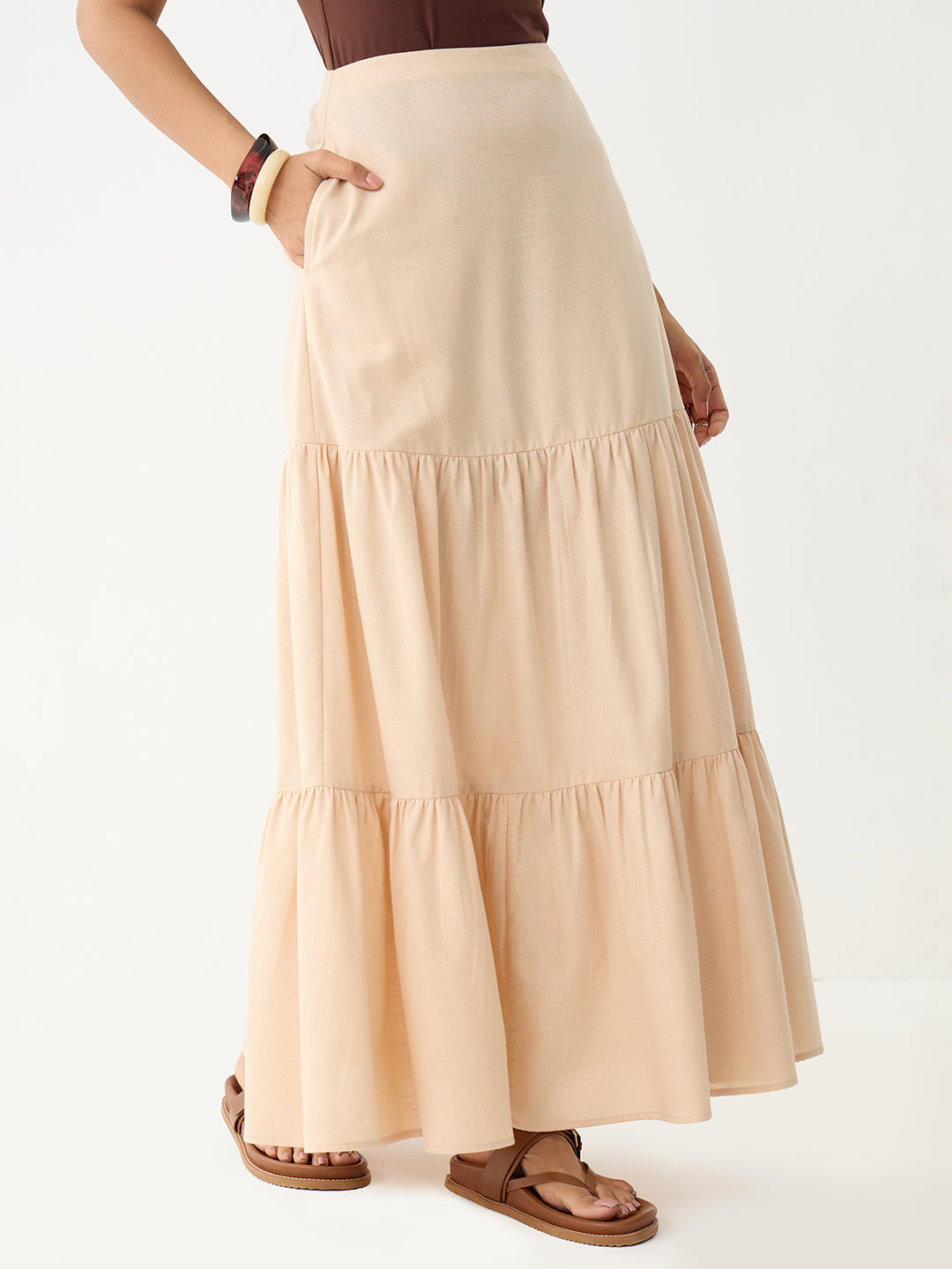 LinenLite Beige Tiered Maxi Skirt