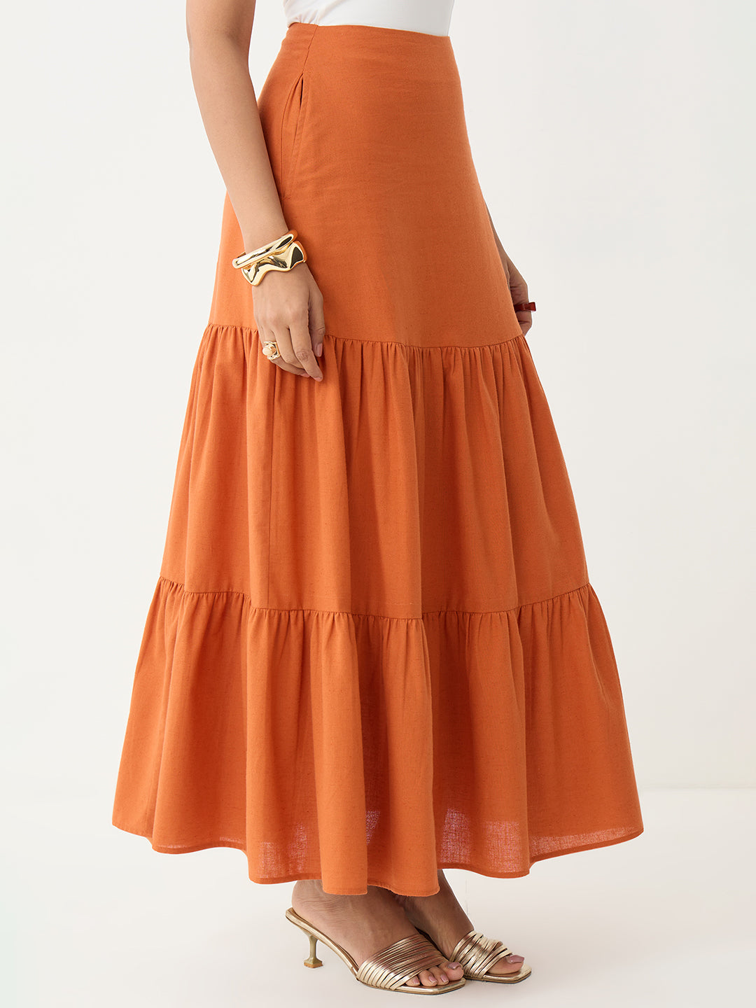 LinenLite Rust Tiered Maxi Skirt