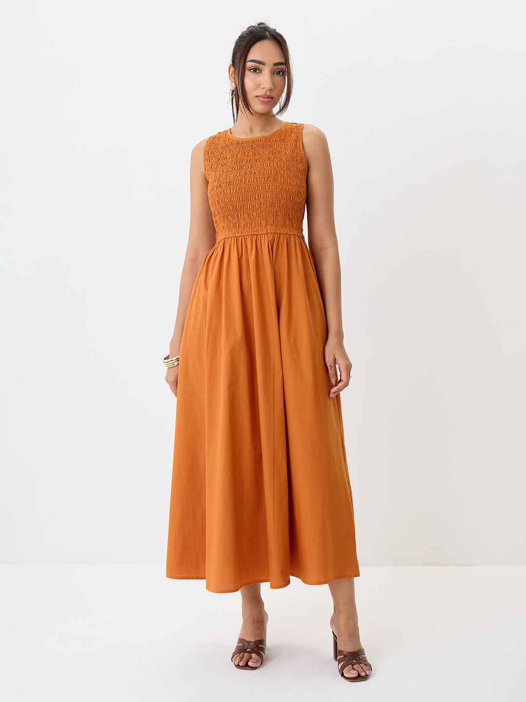 PaperLite Poplin Rust Smocked Maxi Dress