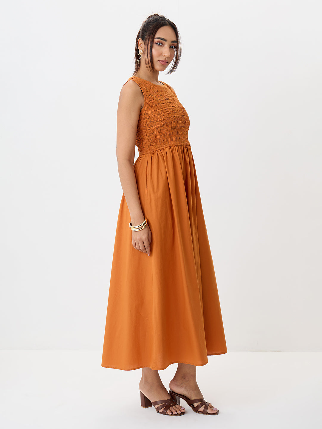 PaperLite Poplin Rust Smocked Maxi Dress