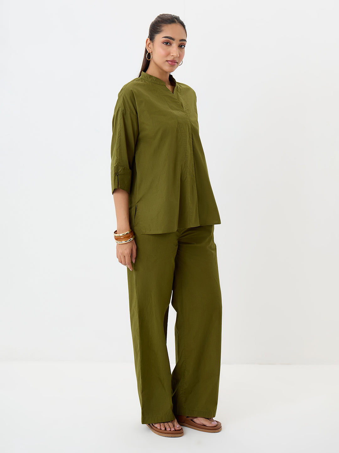 Olive Poplin Longline Shirt And Pants Co-Ord