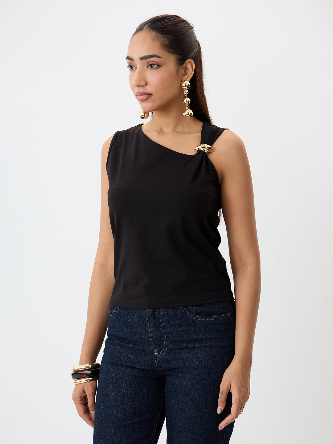 TrueStretch Black Asymmetric Neck Top