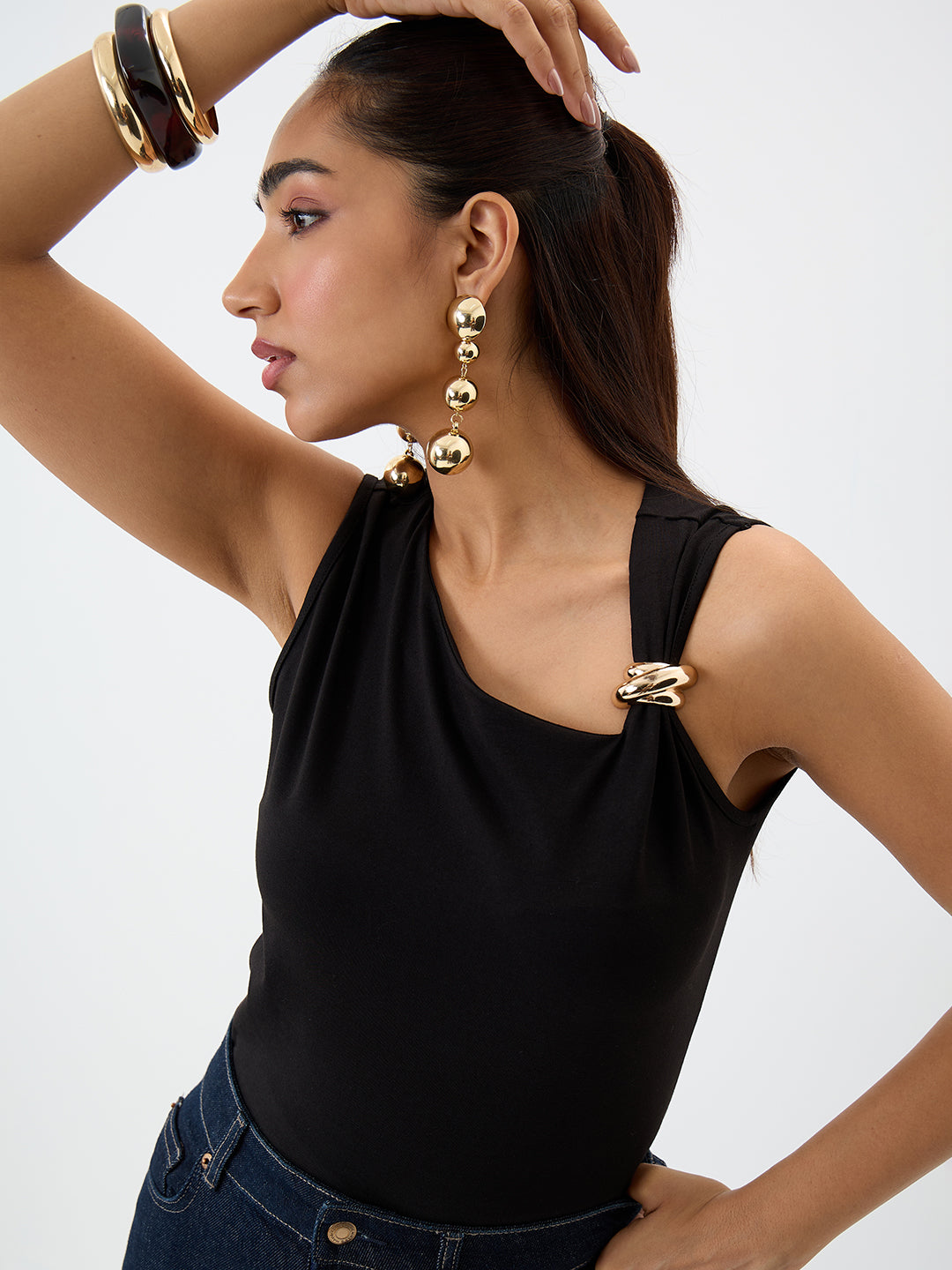 TrueStretch Black Asymmetric Neck Top