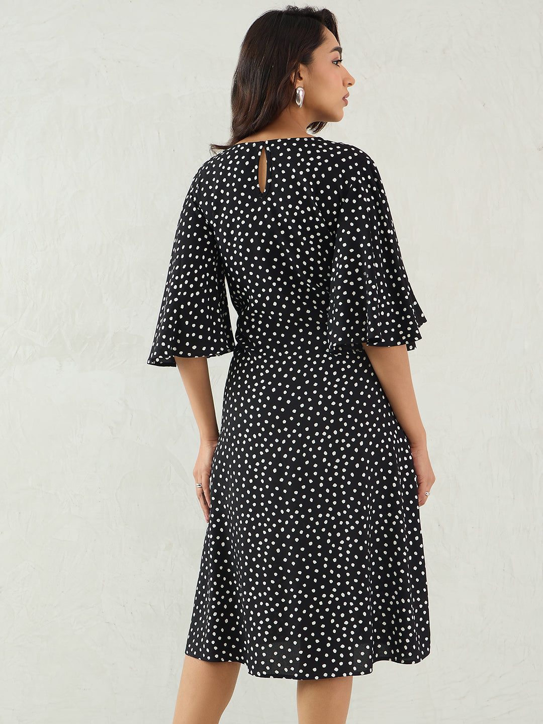 Black Polka Front Knotted Midi Dress