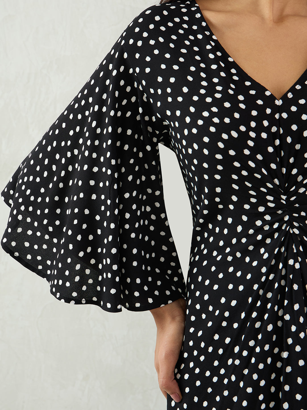 Black Polka Front Knotted Midi Dress