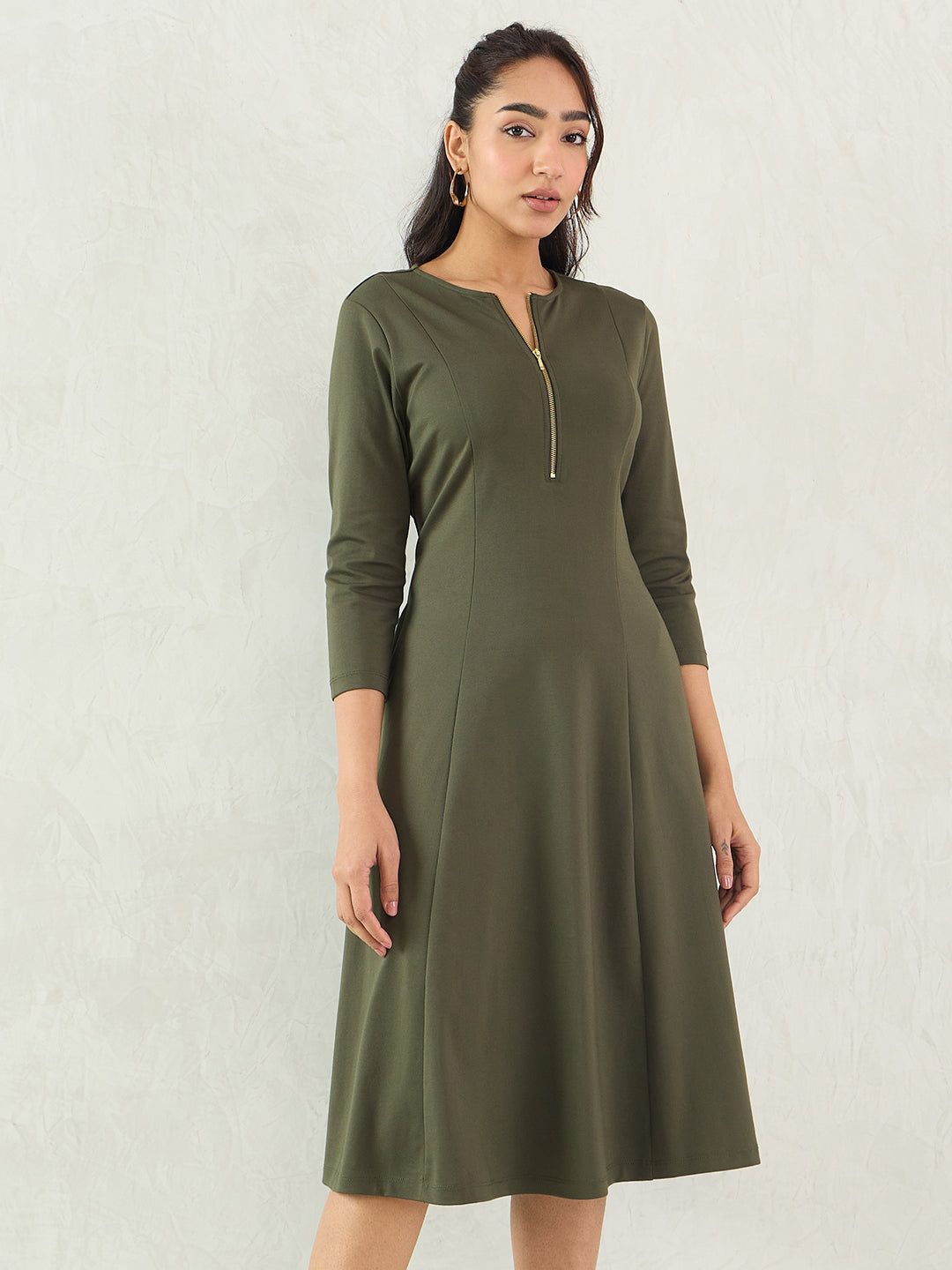Olive Half Zip Travel Midi Dress