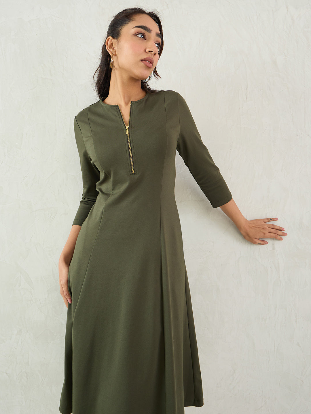 Olive Half Zip Travel Midi Dress