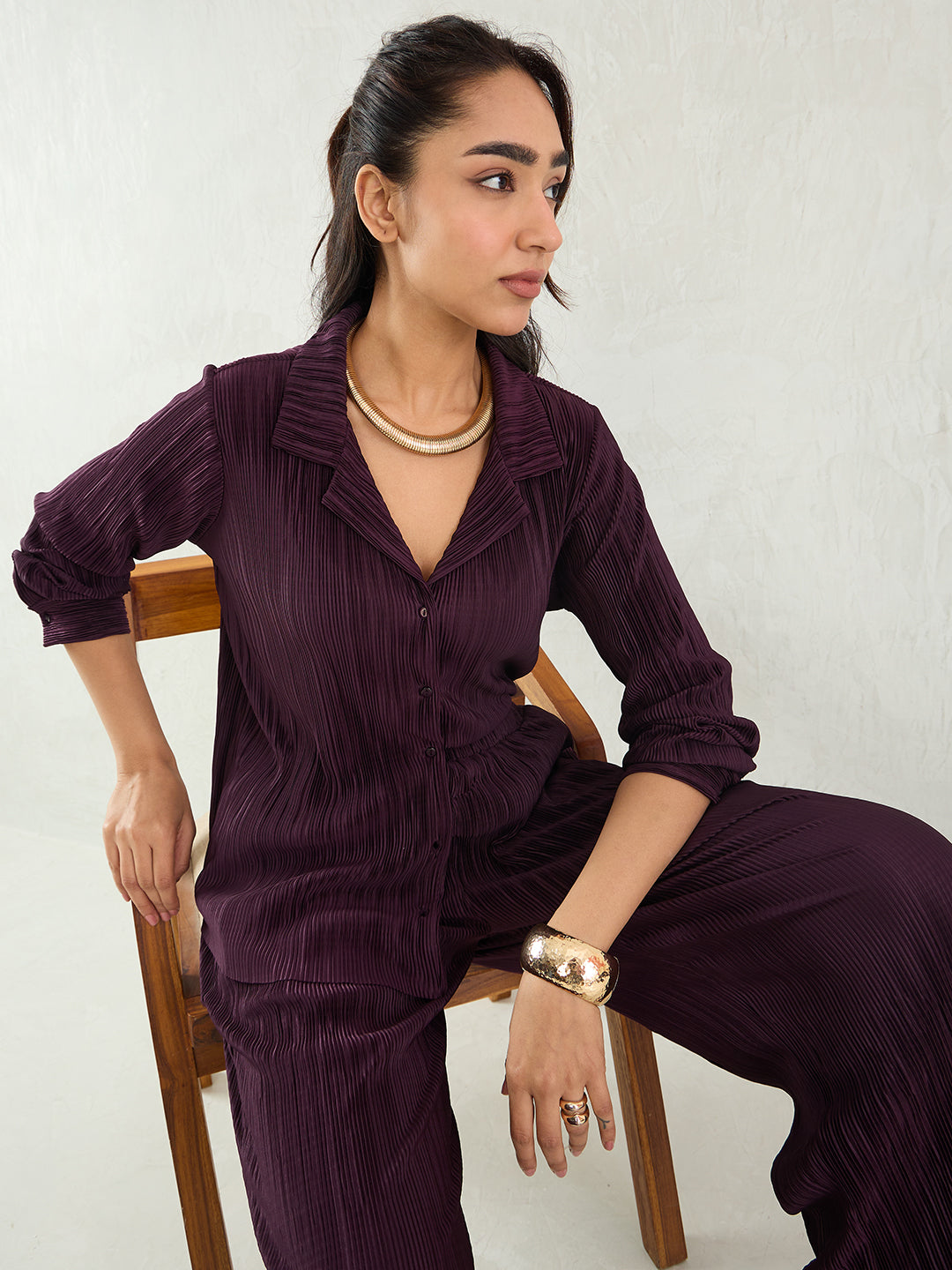 Wine Pleated Button Down Shirt