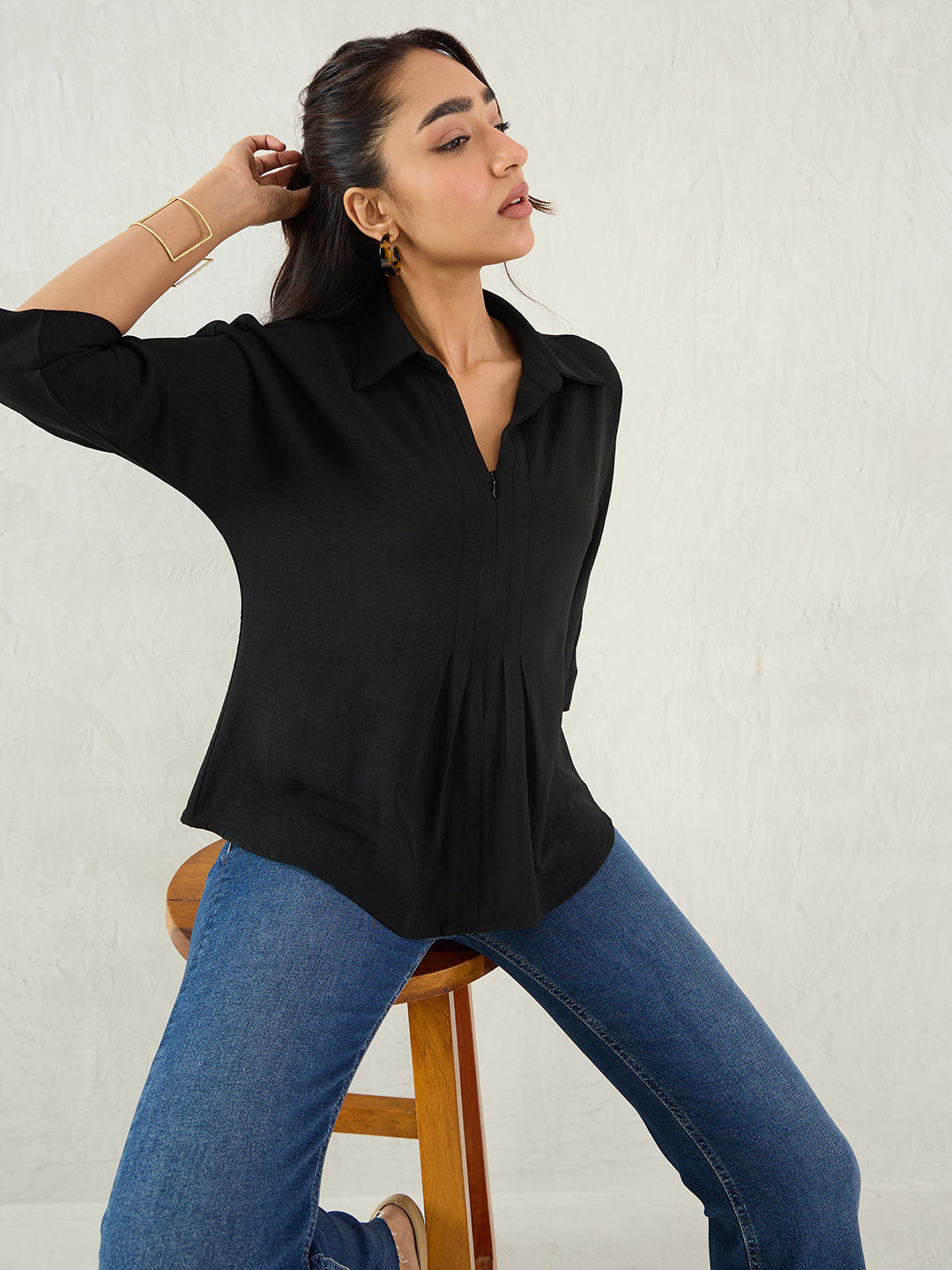 Black Pleat Detail Top