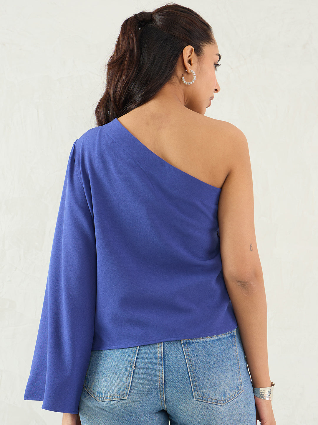 Blue One Shoulder Bell Sleeve Top