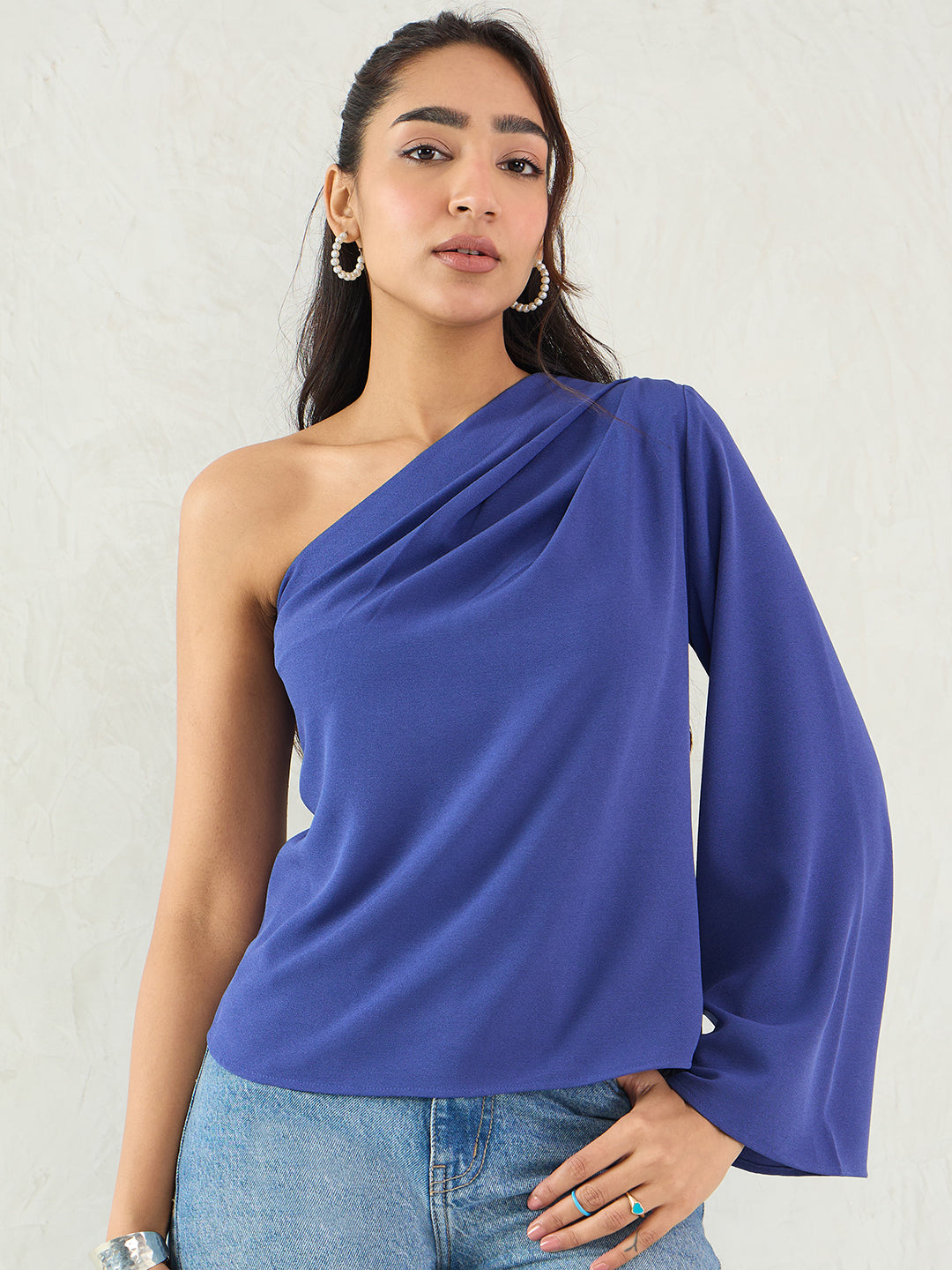Blue One Shoulder Bell Sleeve Top