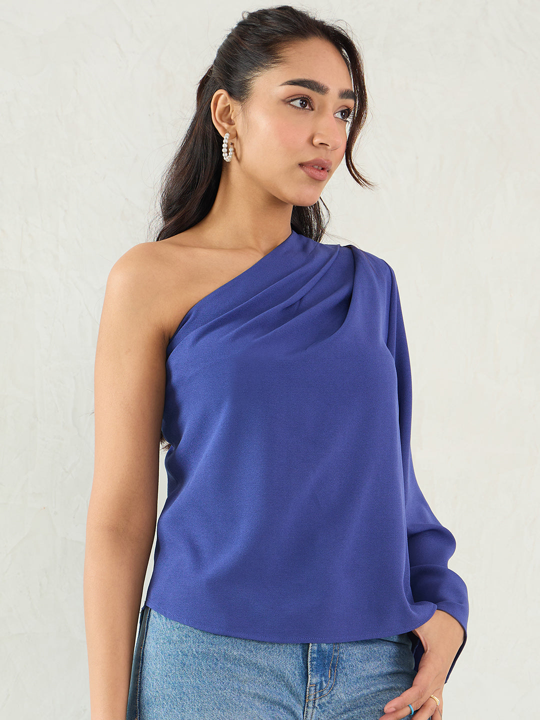 Blue One Shoulder Bell Sleeve Top