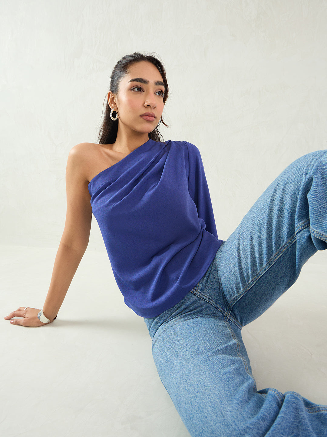 Blue One Shoulder Bell Sleeve Top