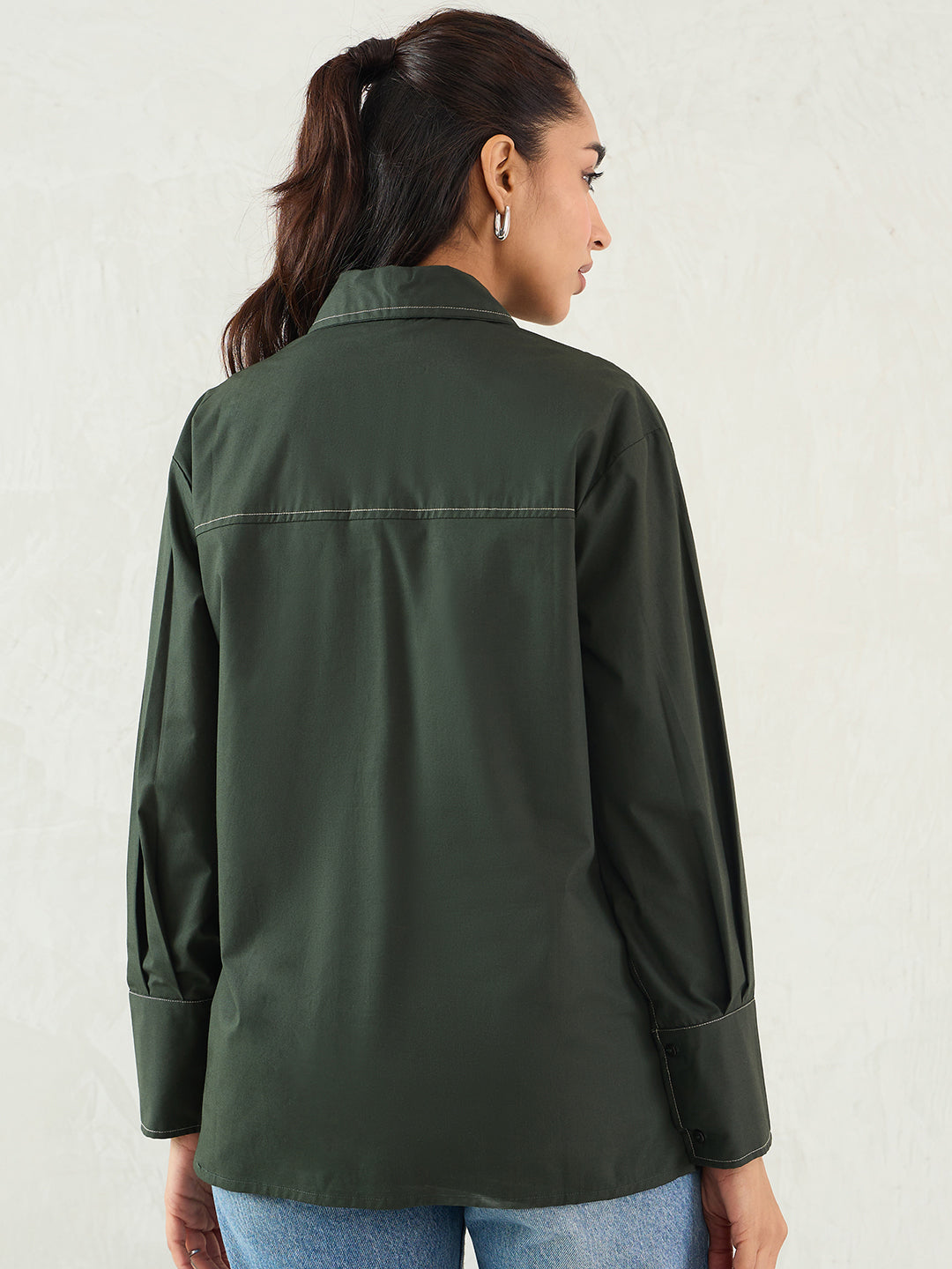 Olive Stitch Detailing Poplin Shirt