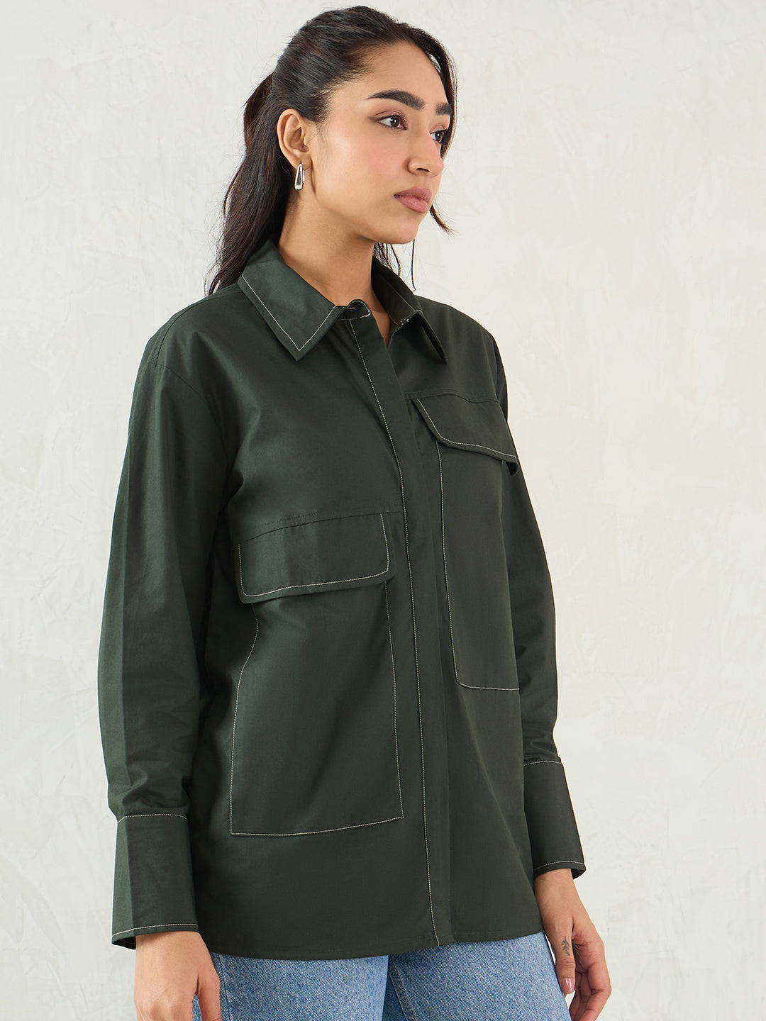 Olive Stitch Detailing Poplin Shirt