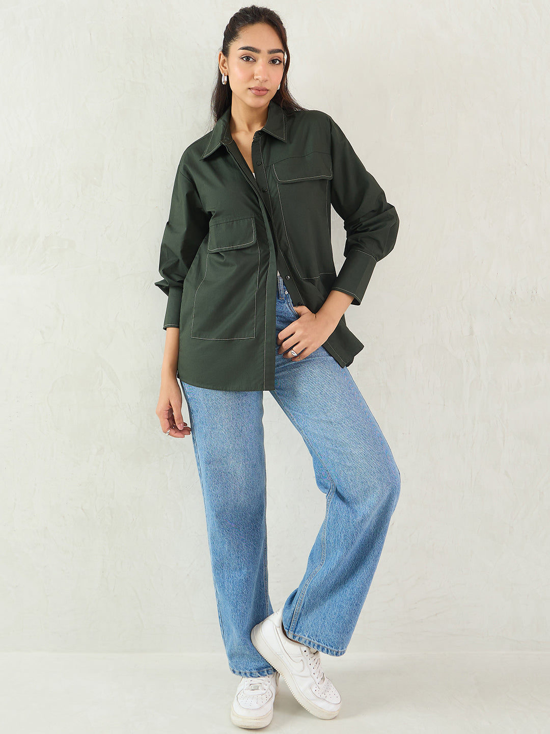 Olive Stitch Detailing Poplin Shirt